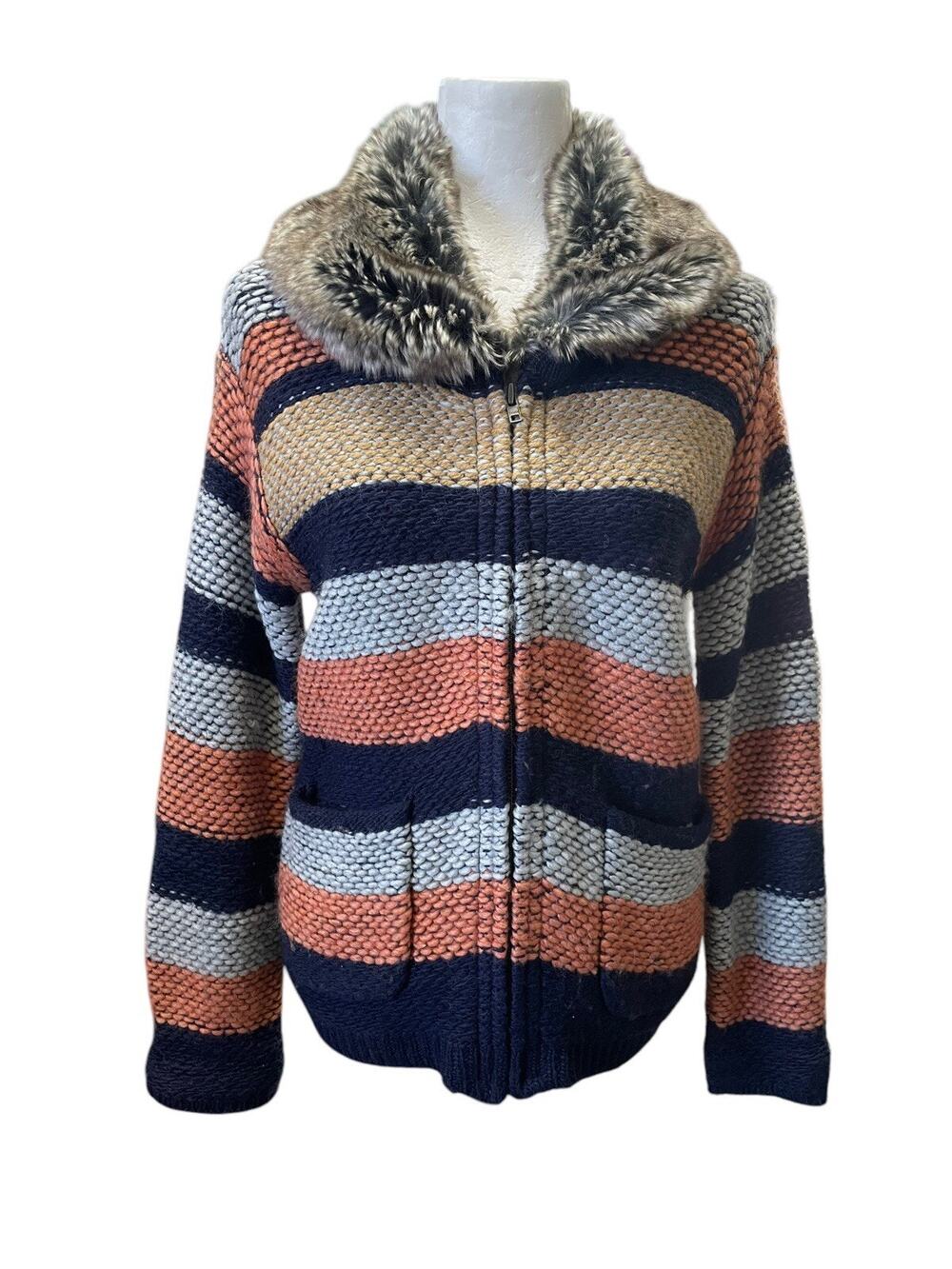 Anthropologie Sparrow Wool Blend Striped Faux Fur Collar Zip Up Sweater Small